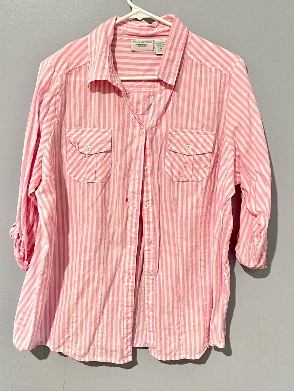 Company One | Womens Long Sleeve Button Down Shirt | Pink and White | Size 1X